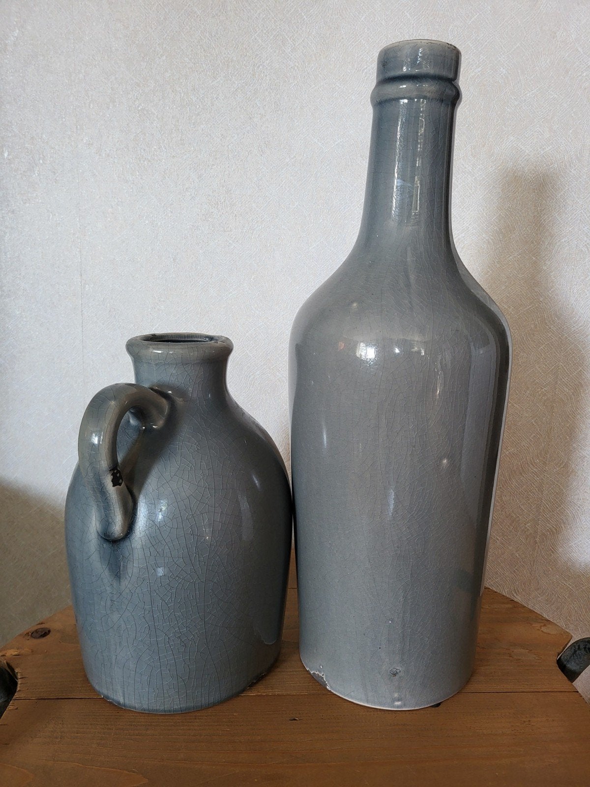 Set van 2 vintage aardewerk flessen/kruiken, grijs craquelé, Ophalen
