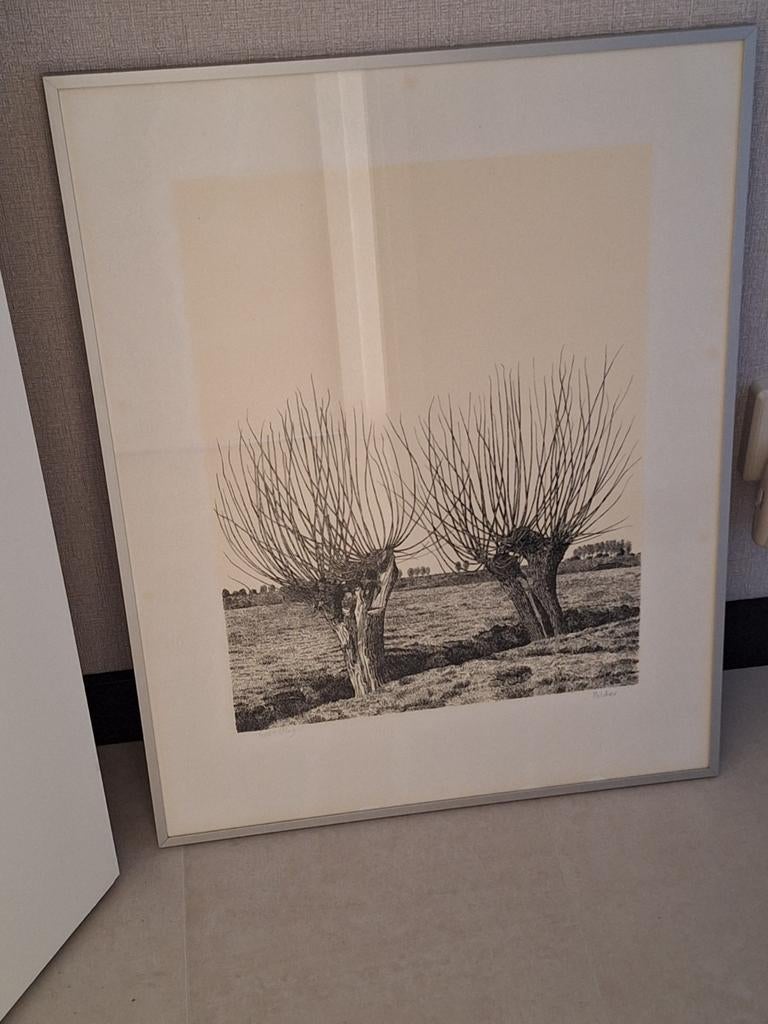 Ets "Polder" van Cees Vlag, ingelijst, Ophalen, Landschap, Ets, Gesigneerd
