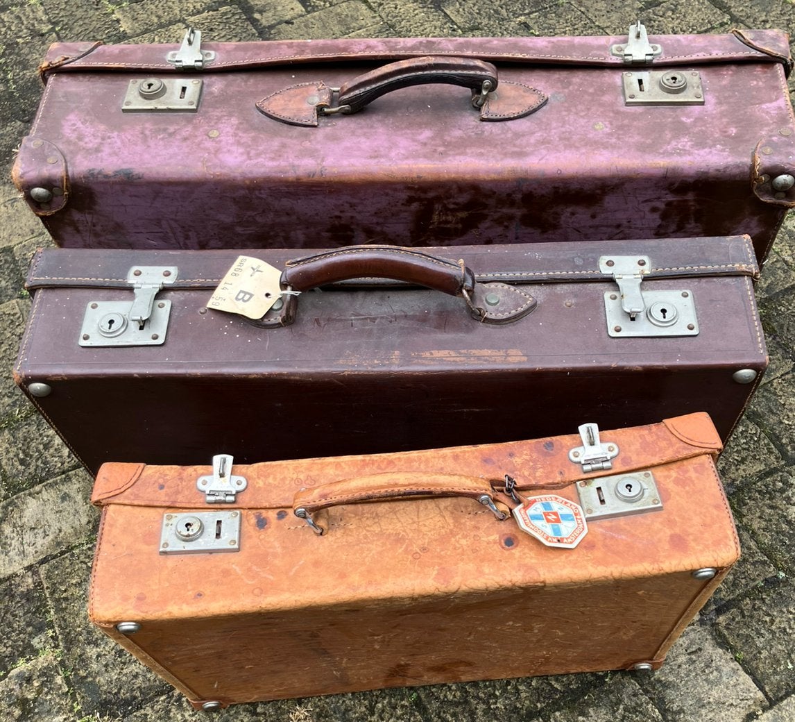 5 Vintage oude reiskoffers waarvan 1 vulcan fibre, Antiek en Kunst, Curiosa en Brocante, Ophalen