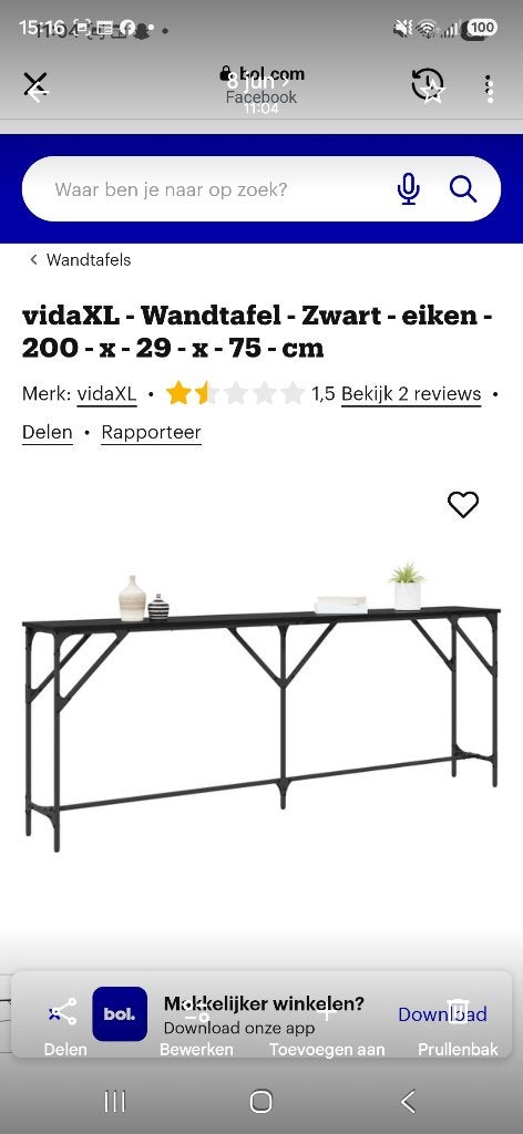 Wandtafel zwart eiken, Ophalen, Eikenhout, Zwart staal met eiken, Nieuw