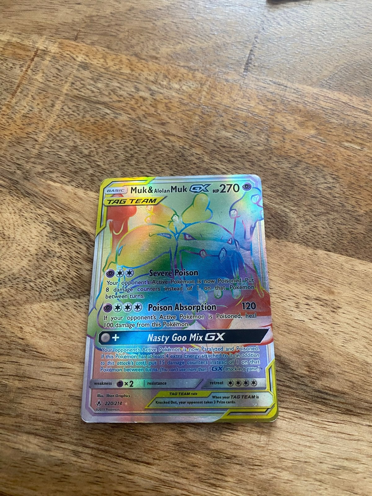 Pokemon Kaart: Muk & Alolan Muk GX TAG TEAM (220/214), Ophalen, Zo goed als nieuw, Losse kaart, Foil