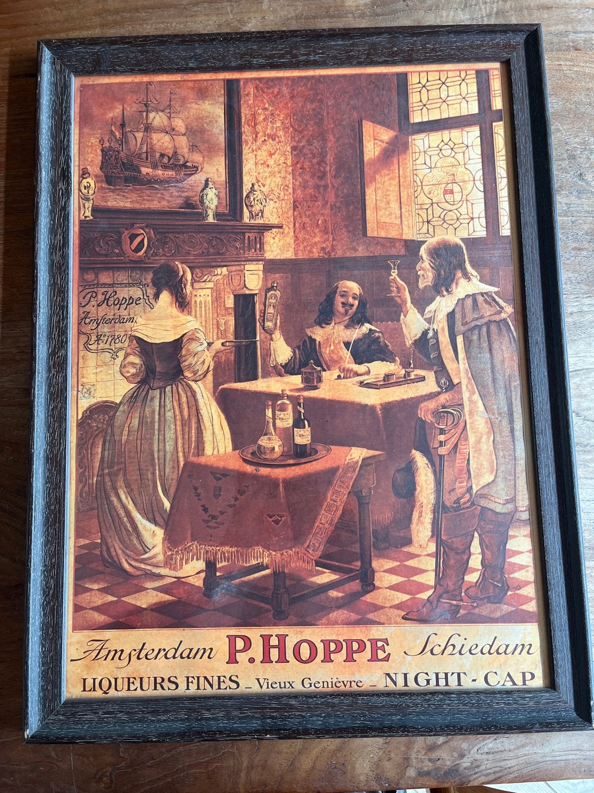 Vintage P. Hoppe affiche - Bruine kroeg/mancave decoratie, Met lijst, Ophalen of Verzenden, A1 t/m A3, Reclame