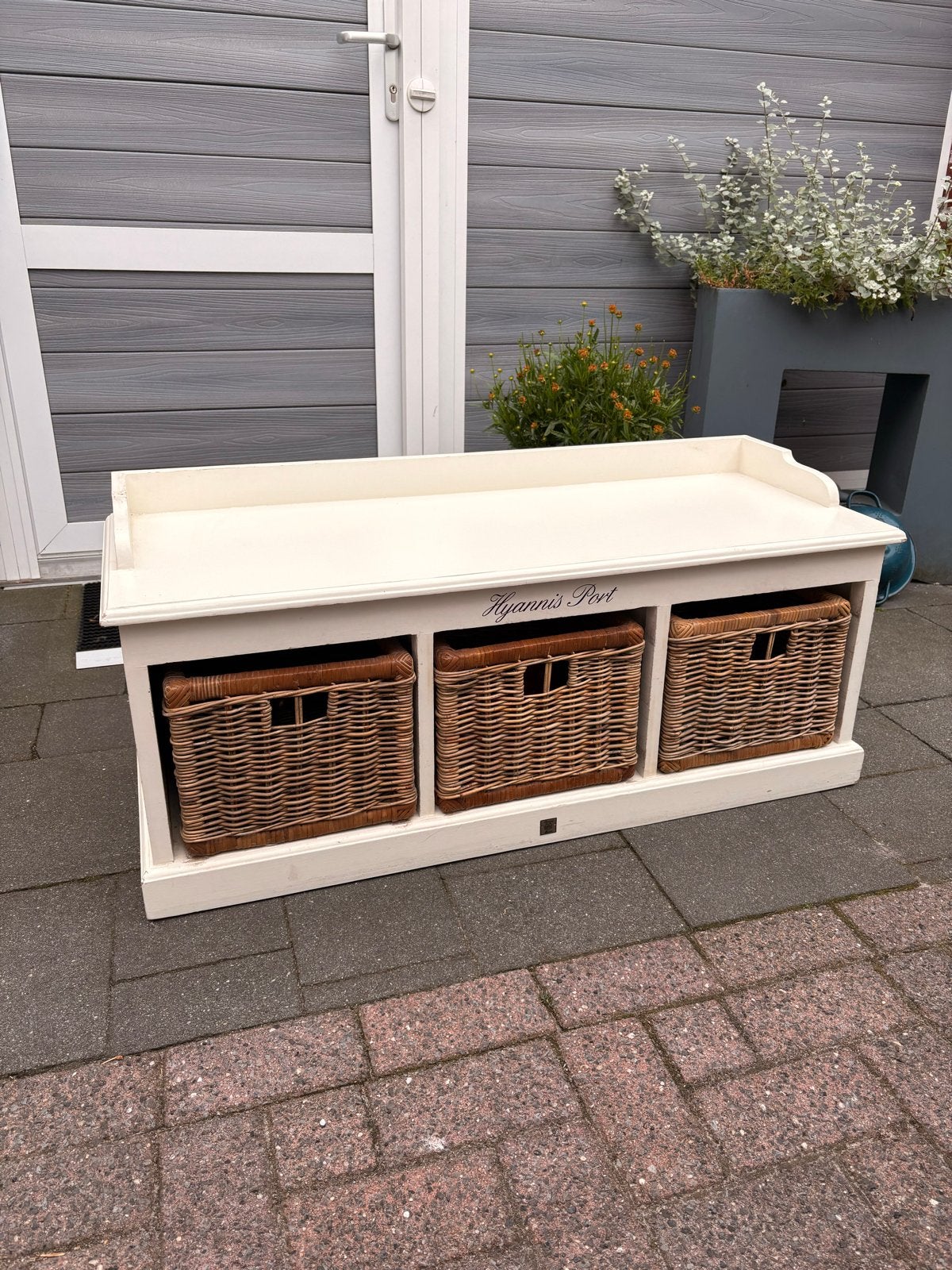 Rivièra Maison Opbergbank met 3 Rattan Manden, Huis en Inrichting, Banken | Sofa's en Chaises Longues, Ophalen, Gebruikt, Hout
