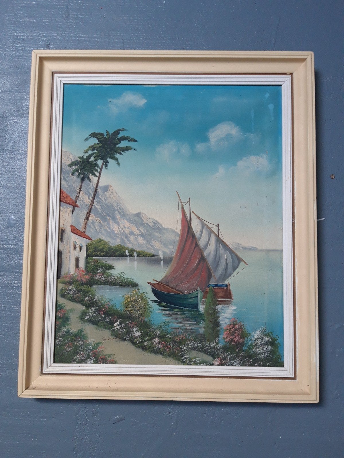 Schilderij: Maritiem landschap met zeilboten en palmbomen, Antiek en Kunst, Kunst | Schilderijen | Klassiek, Maritiem / water