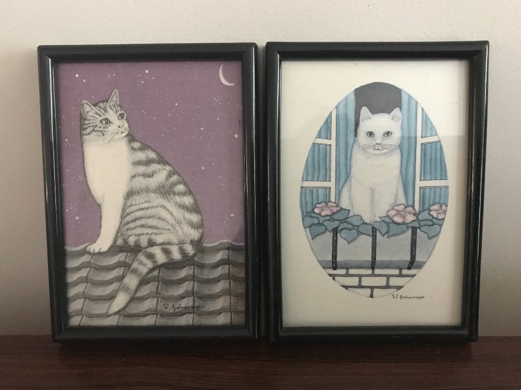 Set 2 lijsten poezen katten achter glas W Gronemeyer, Ophalen of Verzenden