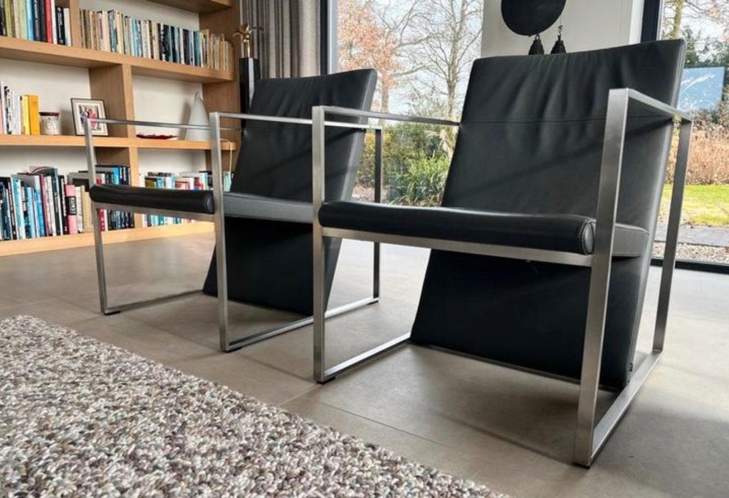 2x Arco Spine fauteuils Grijs leer mooie staat, Ophalen, Zo goed als nieuw, 50 tot 75 cm, Leer