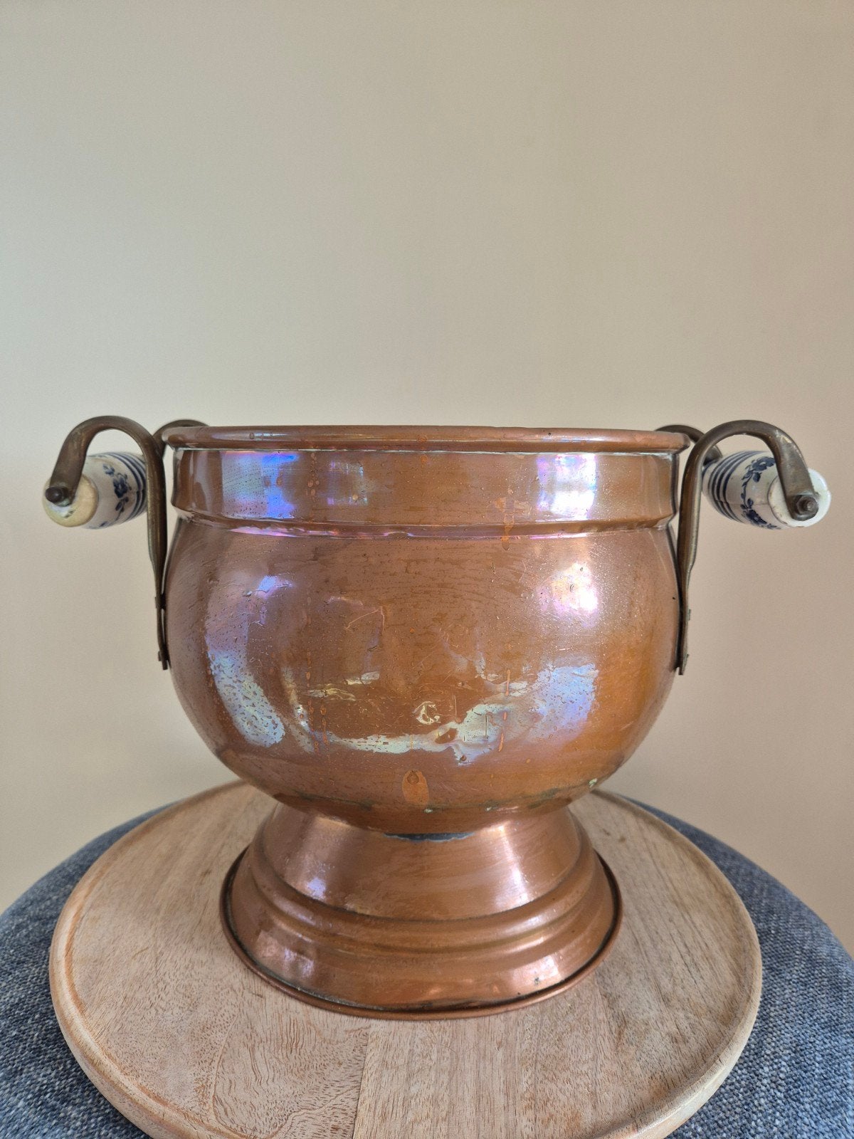Koperen kolenkit / bloempot met Delfts blauw handvat, Ophalen of Verzenden