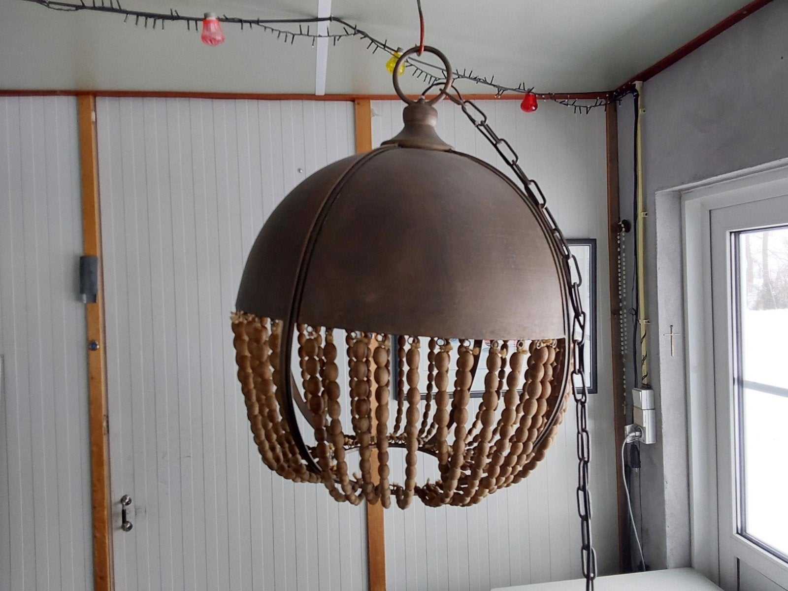 Hanglamp met houten kralen - Boheemse stijl, Ophalen, Boheems, Rustiek, Gebruikt, E27 (groot)