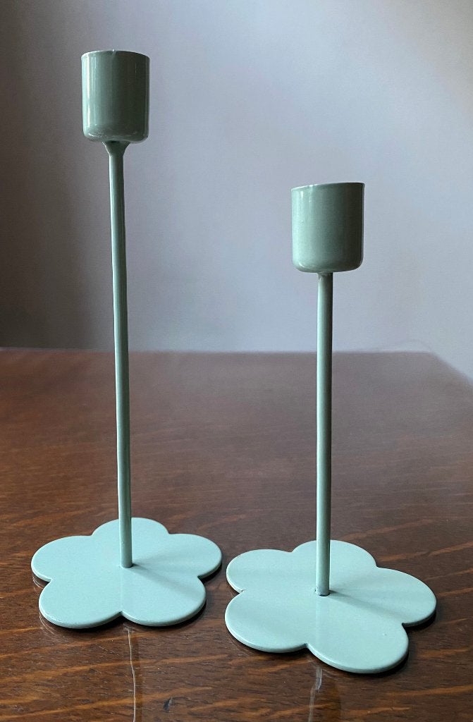 Setje van 2 metalen kaarshouders, mintgroen, 15 & 20 cm lang, Overige merken, Ophalen of Verzenden, Zo goed als nieuw, Metaal