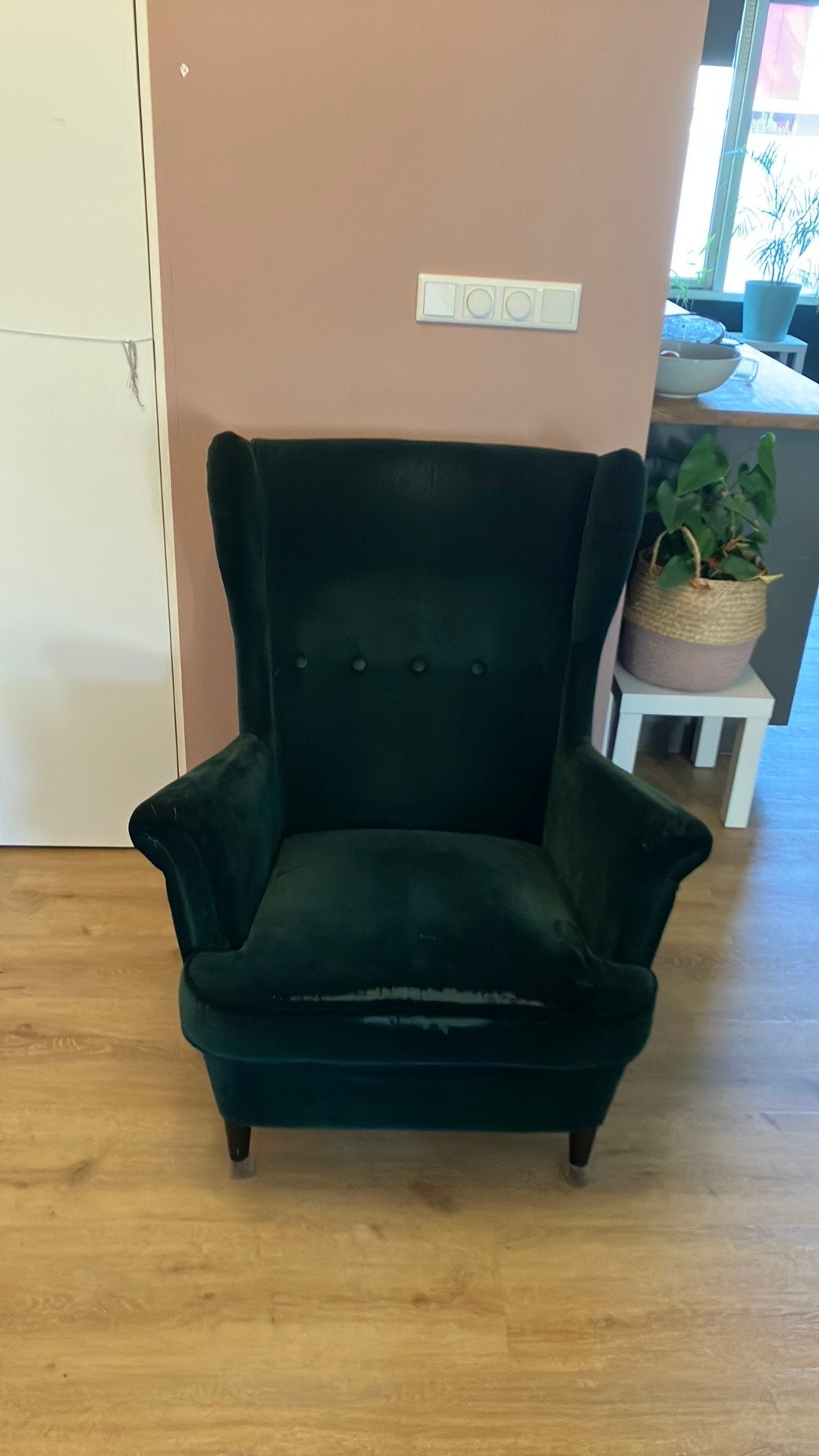 Ikea strandmon fauteuil groen velours, Ophalen, Zo goed als nieuw, 75 tot 100 cm, 50 tot 75 cm