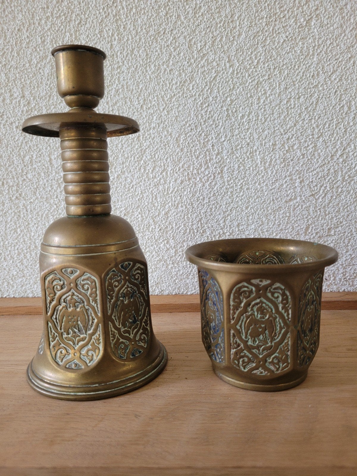 Antieke Koperen Kandelaar en Potje - Decoratief Set, Ophalen of Verzenden, Koper of Brons