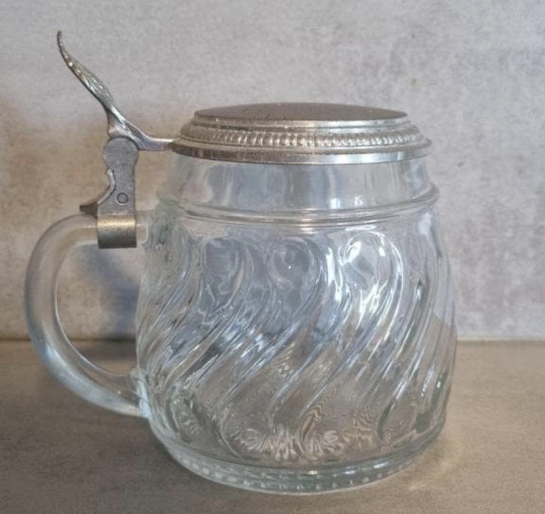 Vintage glazen bierpul met tinnen deksel - Beieren - 60-80's, Verzamelen, Ophalen of Verzenden, Zo goed als nieuw, Pul(len), Overige merken