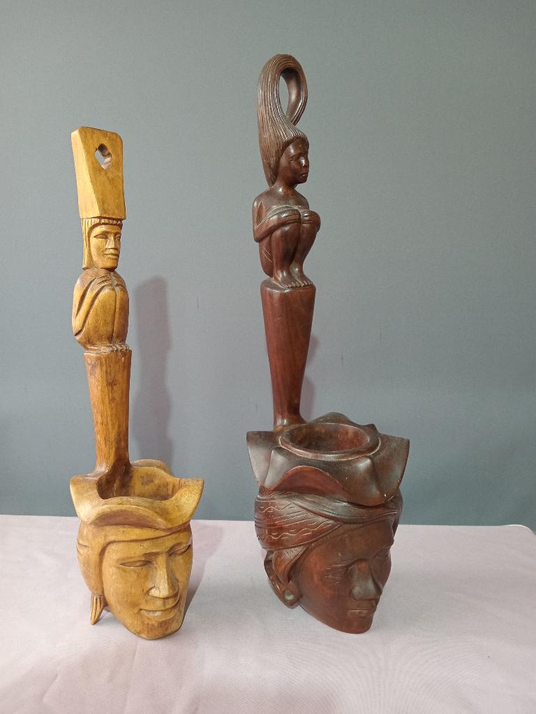 2 Filipijnse potten in vorm van een hoofd, Houtsnijwerk, Ophalen of Verzenden, Handgemaakt, Hout