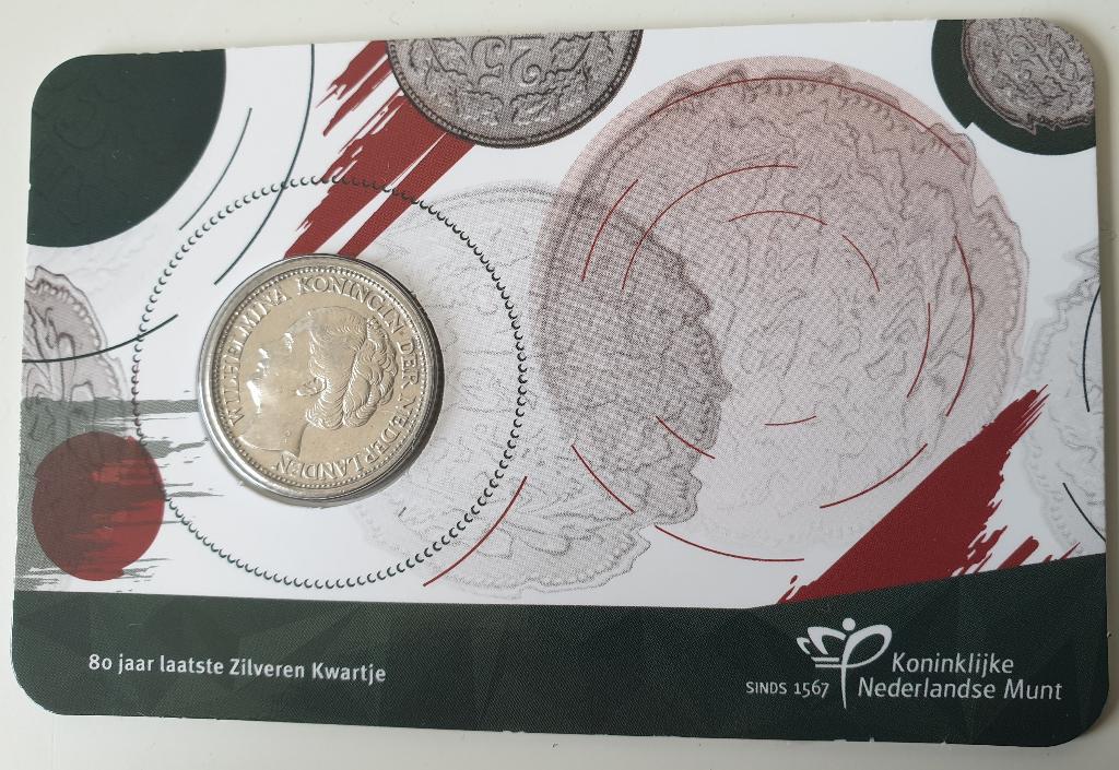 Coincard 80 jaar afscheid zilveren kwartje 1943 PP, Postzegels en Munten, Munten | Nederland, Verzenden, Koningin Wilhelmina, 25 cent