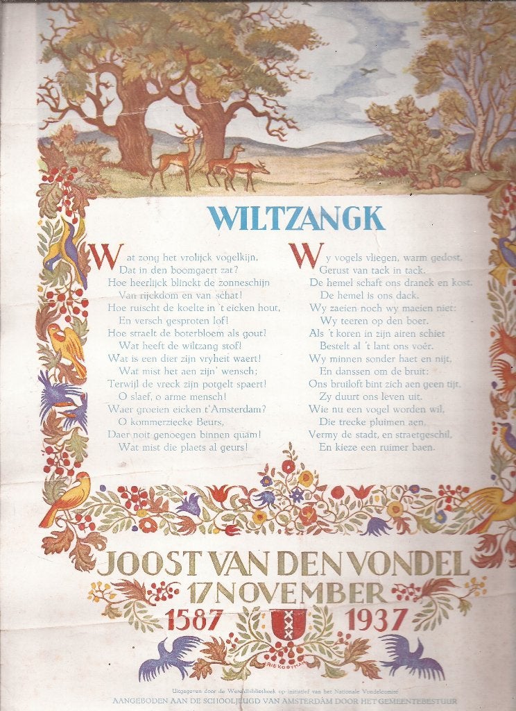 Rijmprent 'Wiltzangk' Vondelherdenking 1587-1937, Antiek en Kunst, Origineel, Ophalen of Verzenden, Lithografie, 1900 - 1949