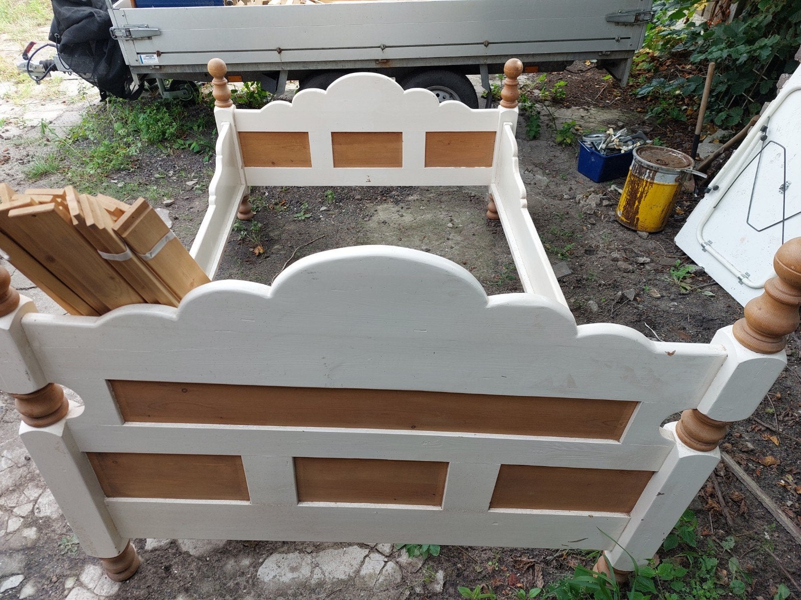 massief houten bed, Ophalen, Gebruikt, Wit, 140 cm