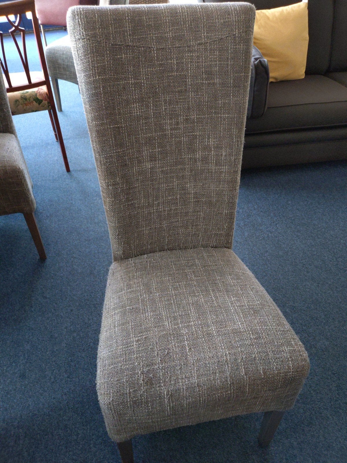 6 stijlvolle eetkamerstoelen - Grijs stof met houten poten, Ophalen, Gebruikt, Onbekend, Stof