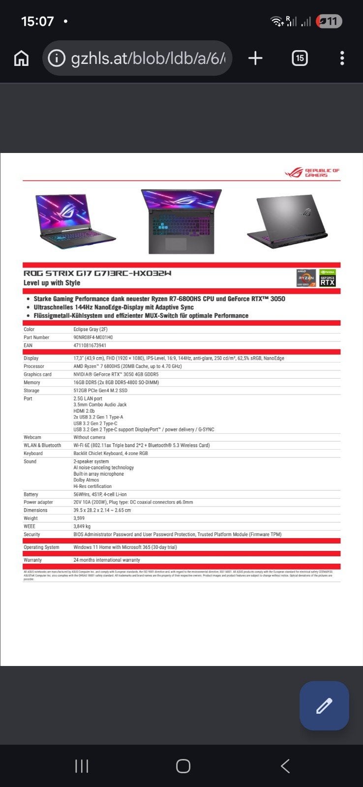 ASUS ROG Strix G17 G713RC-HX032W Gaming Laptop, Met videokaart, Qwerty, ASUS, Zo goed als nieuw