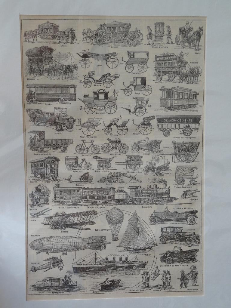 litho voertuigen koetsen, trams, treinen, auto's jaren 20, Verzenden