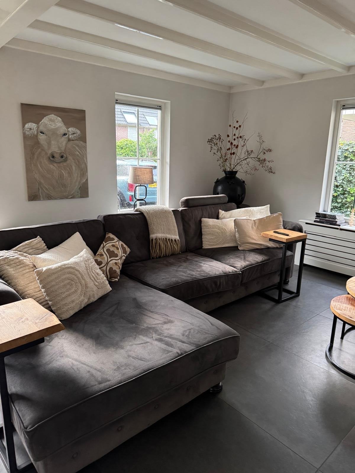Loungebank Donkergrijs Velvet met Chaise Longue, Huis en Inrichting, Ophalen, Gebruikt, Stof