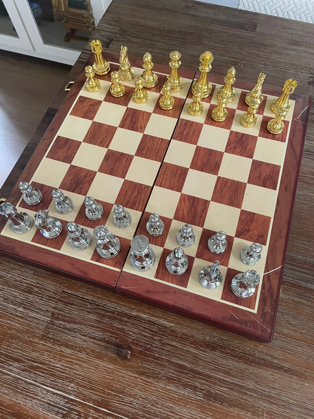 Metaal Schaakspel zilver/goud (schaakbord schaakstukken), Ophalen, Zo goed als nieuw