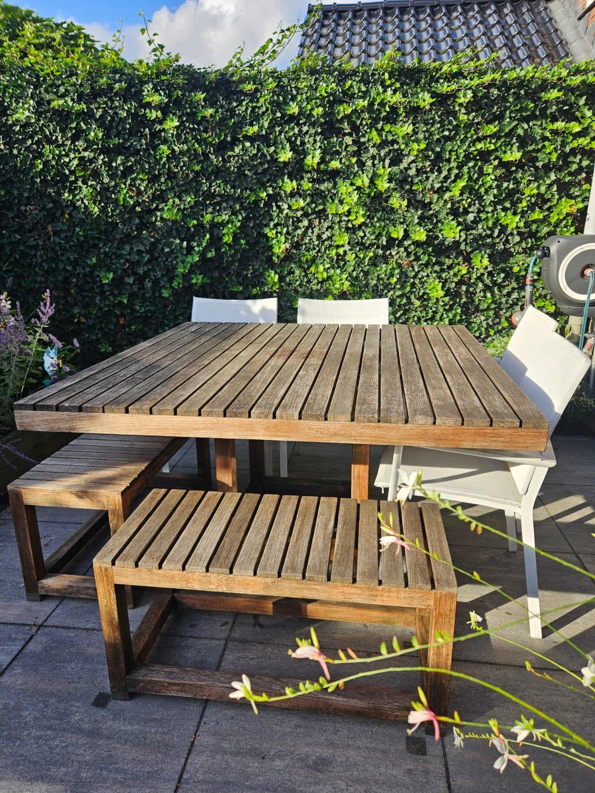 Tuinset houten eettafel, stoelen en bankjes 8 personen, Tuin en Terras, Ophalen, Gebruikt, Bank, 8 zitplaatsen