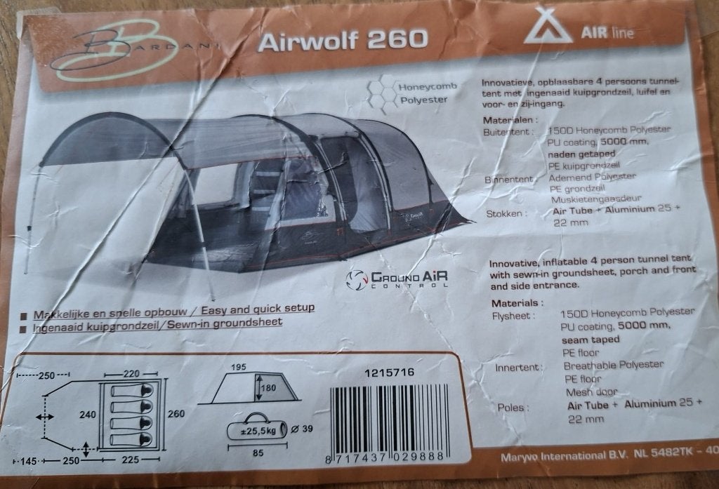 Bardani airwolf 2.60 tent, Ophalen, Zo goed als nieuw, Tot en met 4
