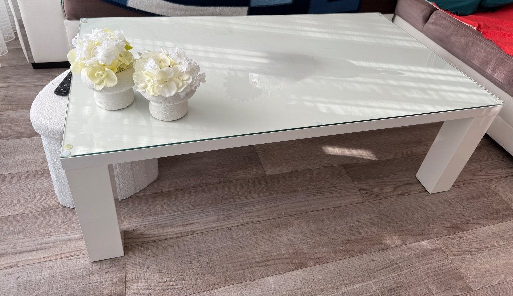Salon tafel met gehard glas, Ophalen, Glas, 100 tot 150 cm, 50 tot 100 cm