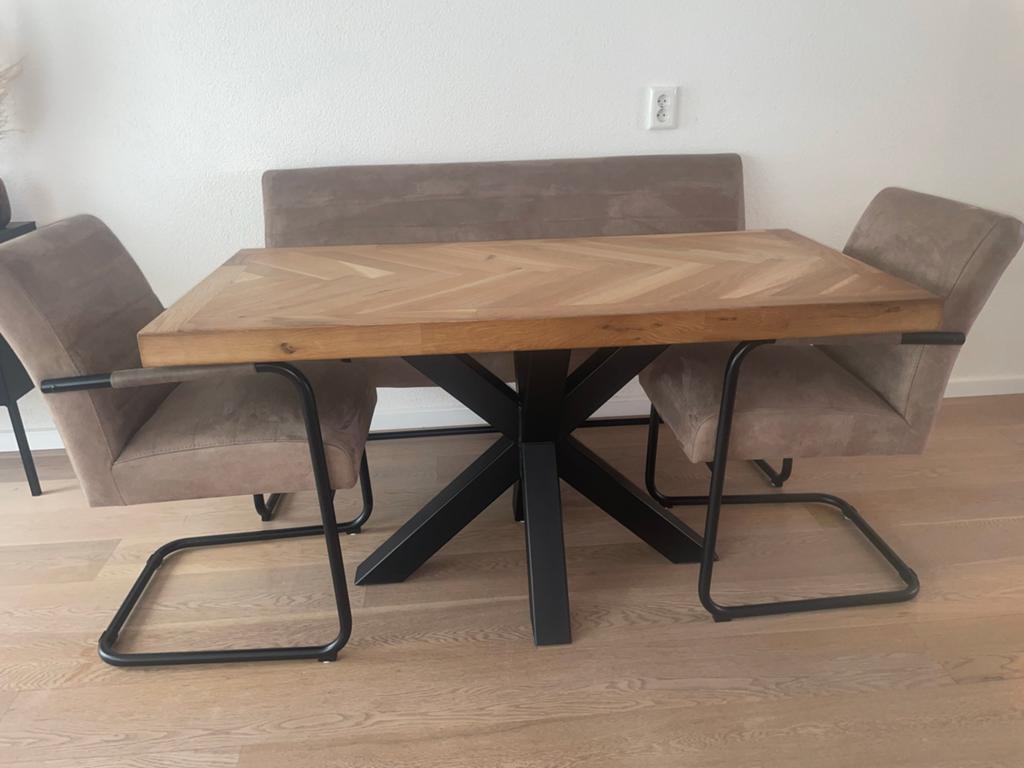 Eettafel met bank en 2 stoelen - Taupe stof, zwart metaal, Ophalen, Gebruikt, Twee, Overige kleuren