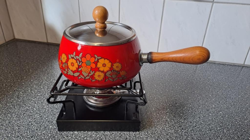 Vintage Fondueset - Rood met Bloemenpatroon, Witgoed en Apparatuur, Fonduesets, Fondueset, Ophalen of Verzenden, Zo goed als nieuw