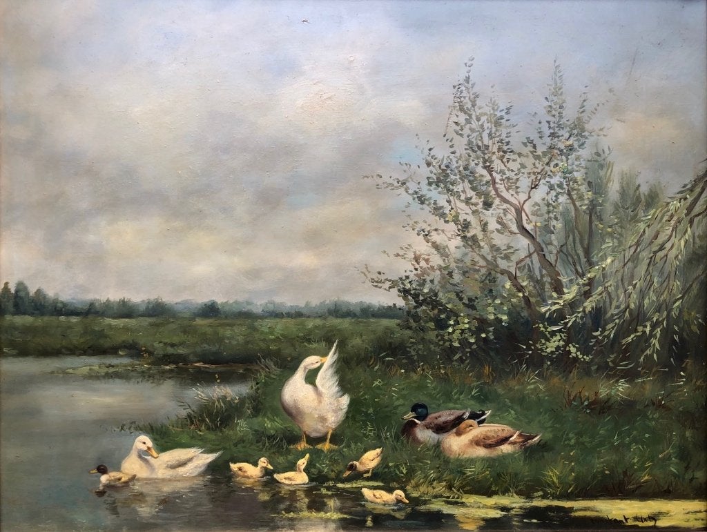 "Eendenfamilie" op fraaie wijze weggezet (Artz stijl), Antiek en Kunst, Doek, Dieren, Ophalen of Verzenden, Olieverf