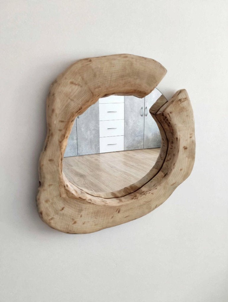 handgemaakte houten spiegel, Ophalen, Rond, Zo goed als nieuw, Minder dan 100 cm