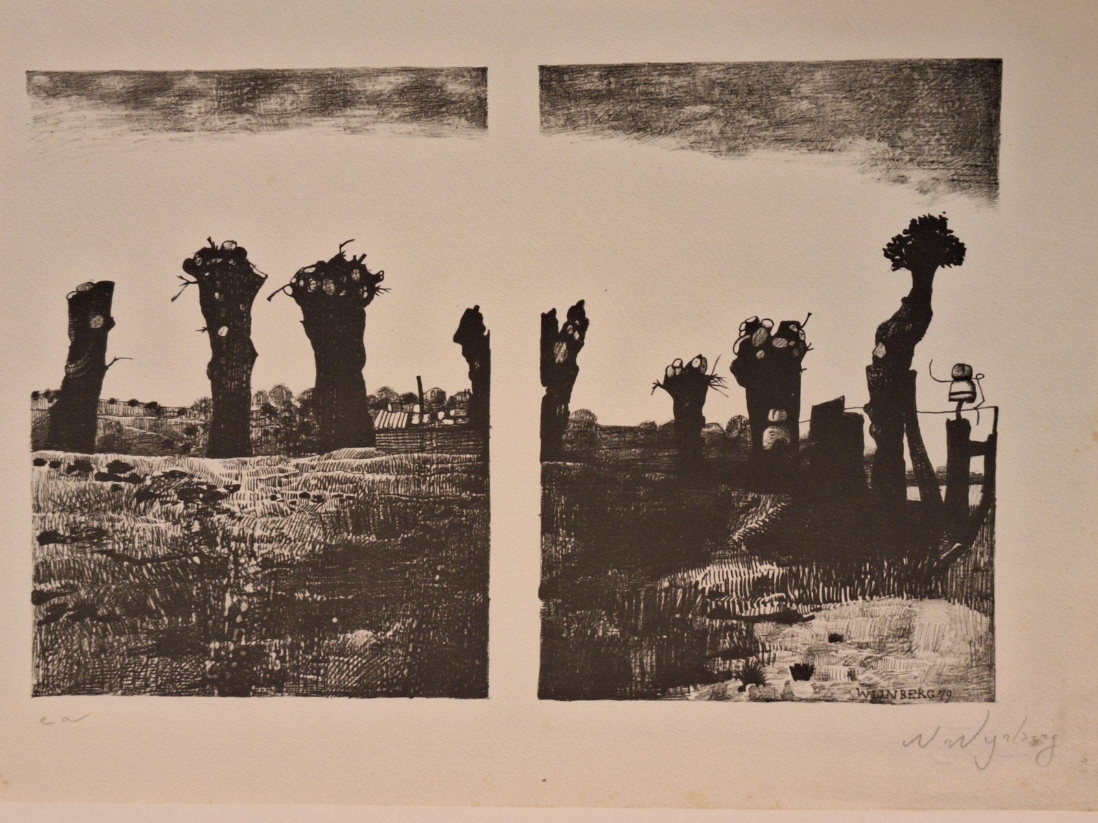 Duo etsen knotwilgen door Nic Wijnberg, Ophalen of Verzenden, Gesigneerd, Landschap, 1950 - 1999