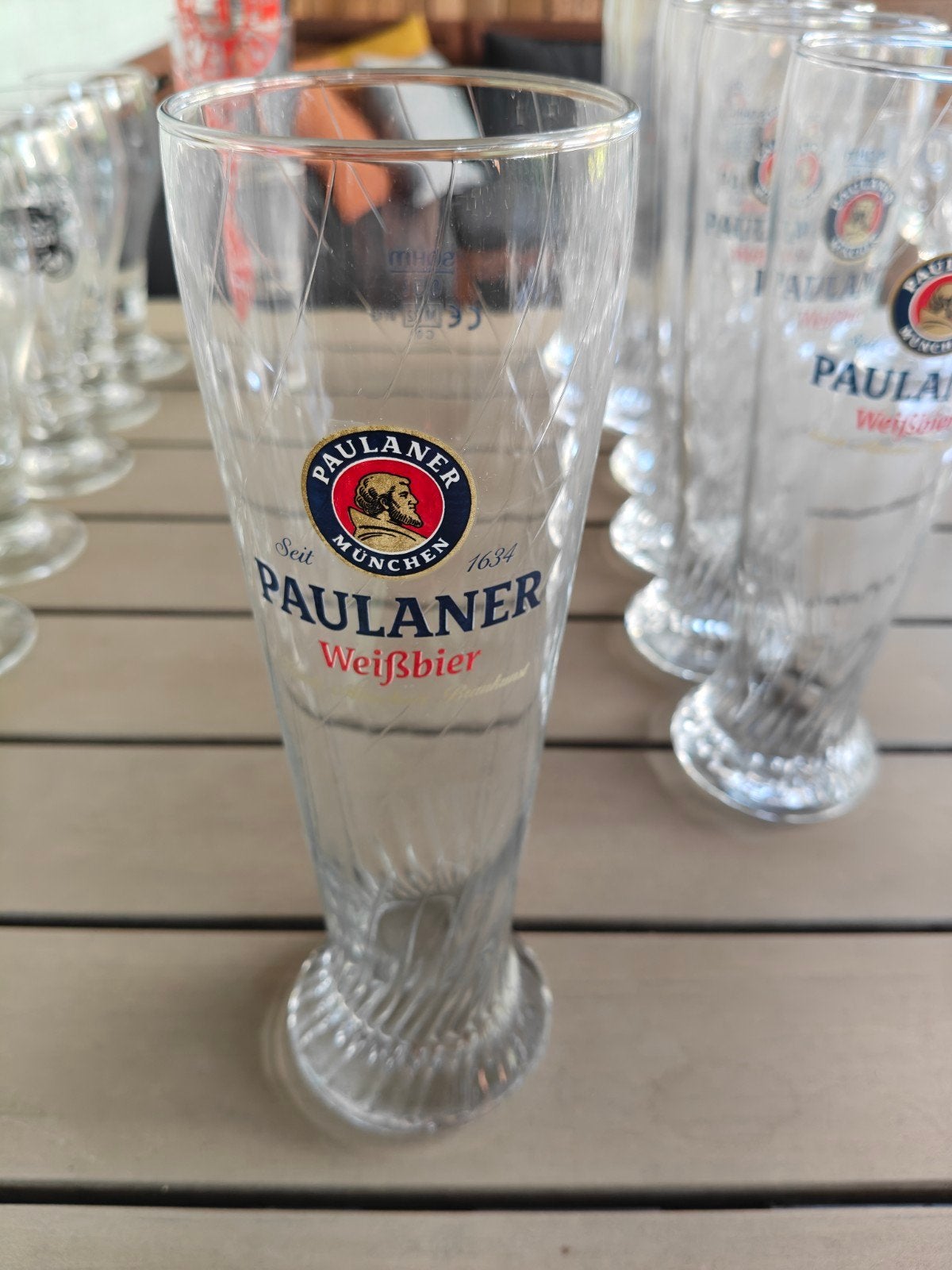 9 Paulaner Weissbier glazen 0,5 liter, Overige typen, Ophalen, Gebruikt, Glas