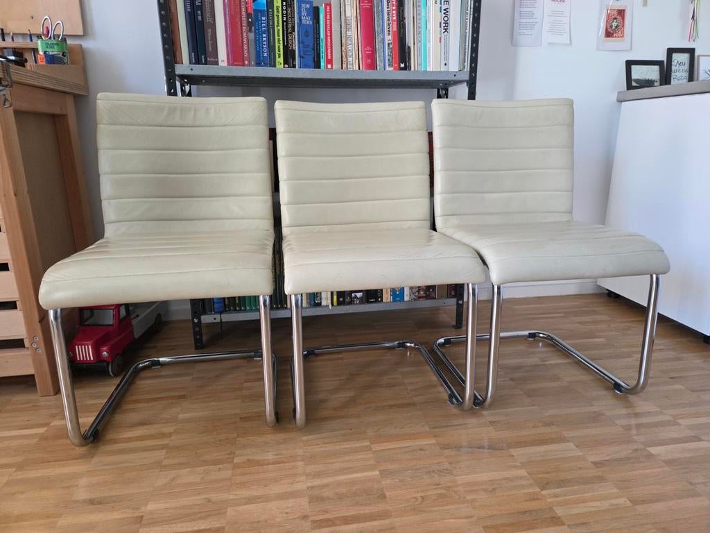 3 chromen buisstoelen met leren bekleding, Ophalen, Jaren 50/ vintage, Gebruikt, Drie