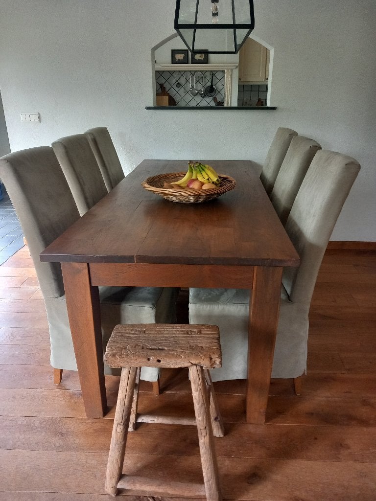 zware teak tafel 2.10m x 0.90m, Ophalen, Landelijke industrieel Hoffz kwaliteits zware eettafel unieke, Teakhout, 50 tot 100 cm