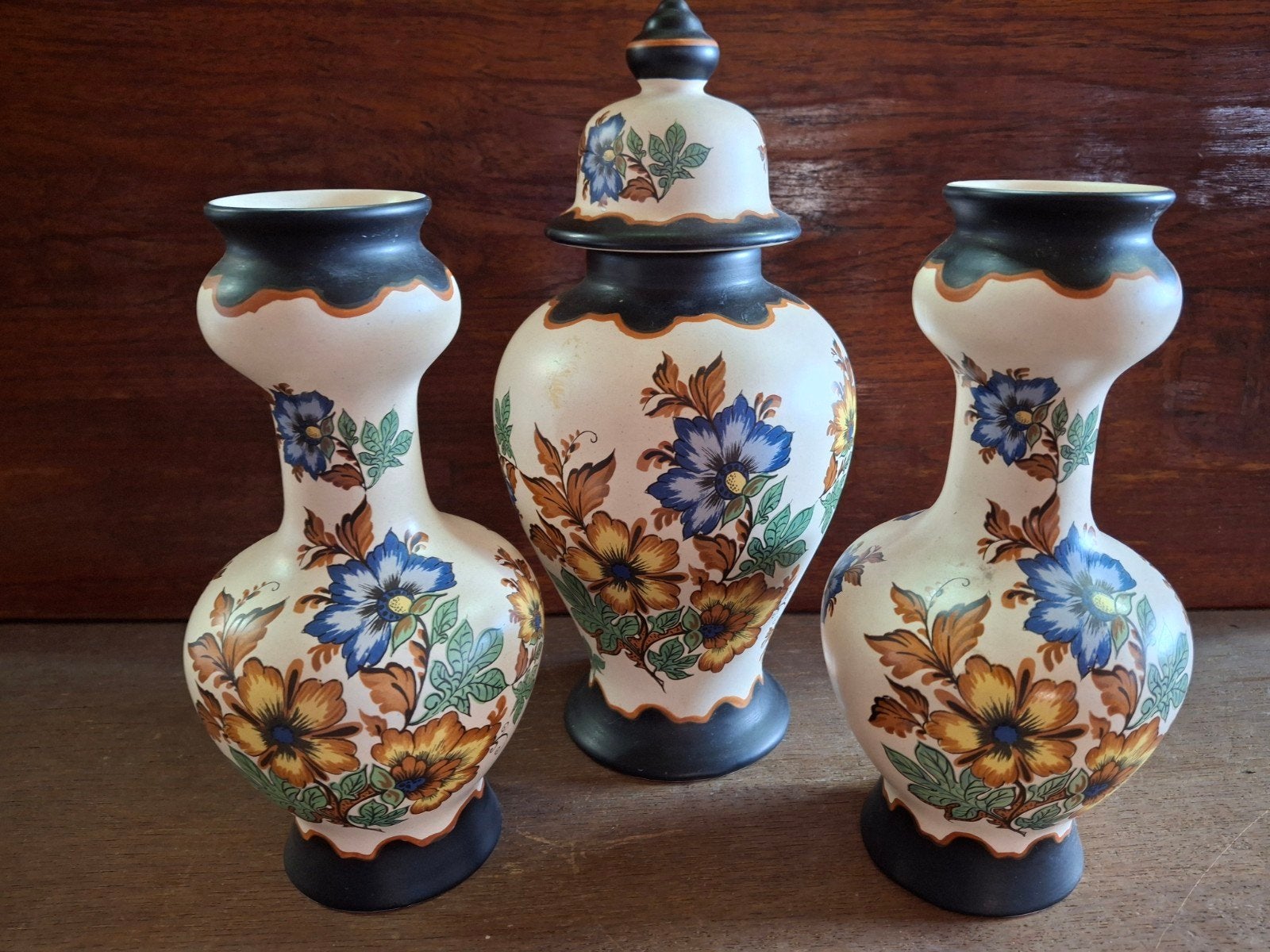 Kaststel van 3 vintage vazen en pot met deksel, bloemmotief, Ophalen of Verzenden