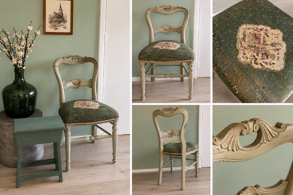 Antieke vintage stoel geborduurd groen, Antiek en Kunst, Ophalen