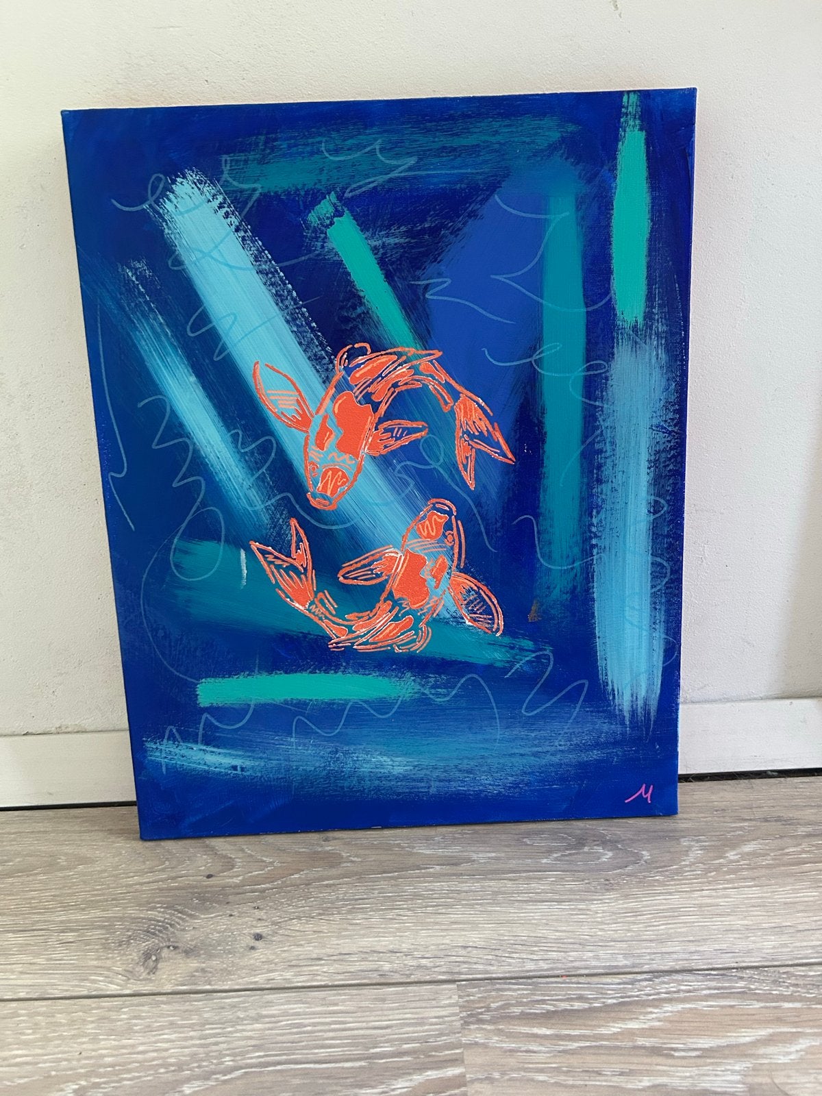 Abstract Schilderij met Koi Karpers - 40x50 cm, Ophalen of Verzenden