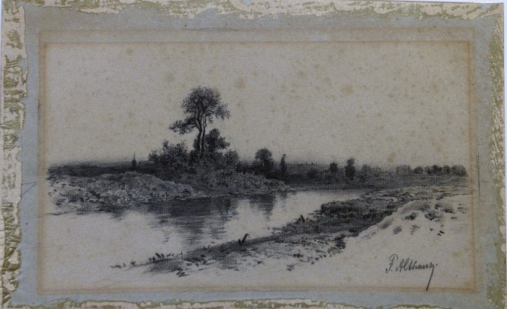 Fritz B. Althaus houtskooltekening "Rivierlandschap", gesign, Antiek en Kunst, Kunst | Tekeningen en Foto's, Ophalen, Tekening
