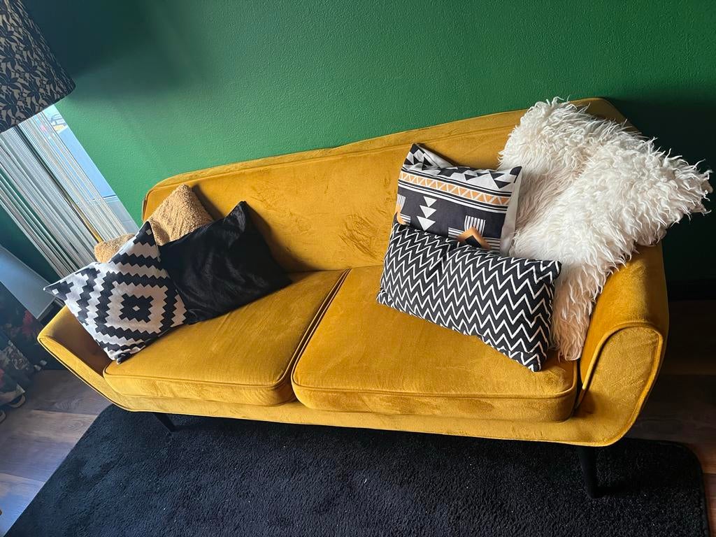 Woood bank Rocco, okergeel, velvet, Ophalen, 150 tot 200 cm, Tweepersoons, 75 tot 100 cm