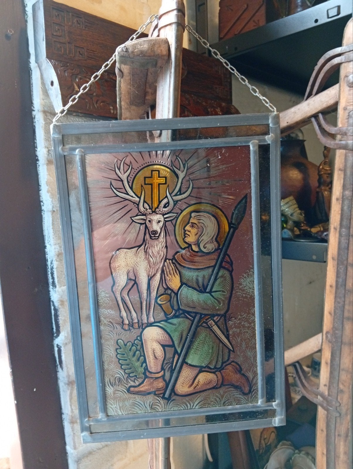 Antiek glas-in-lood paneel met Sint Hubertus en hert, Ophalen of Verzenden