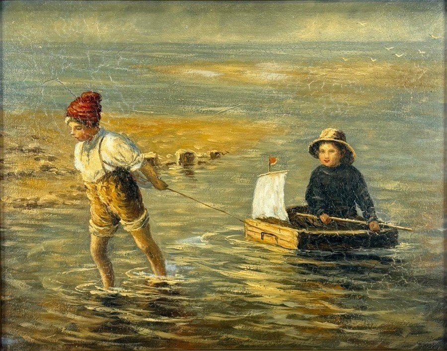 215. Olieverfschilderij – strandtafereel, 19e eeuw, Antiek en Kunst, Ophalen