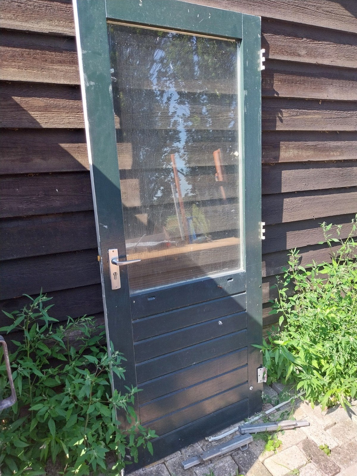Hardhouten achterdeur 88x211.5cm met glas, Gebruikt, 80 tot 100 cm, Ophalen of Verzenden, Buitendeur