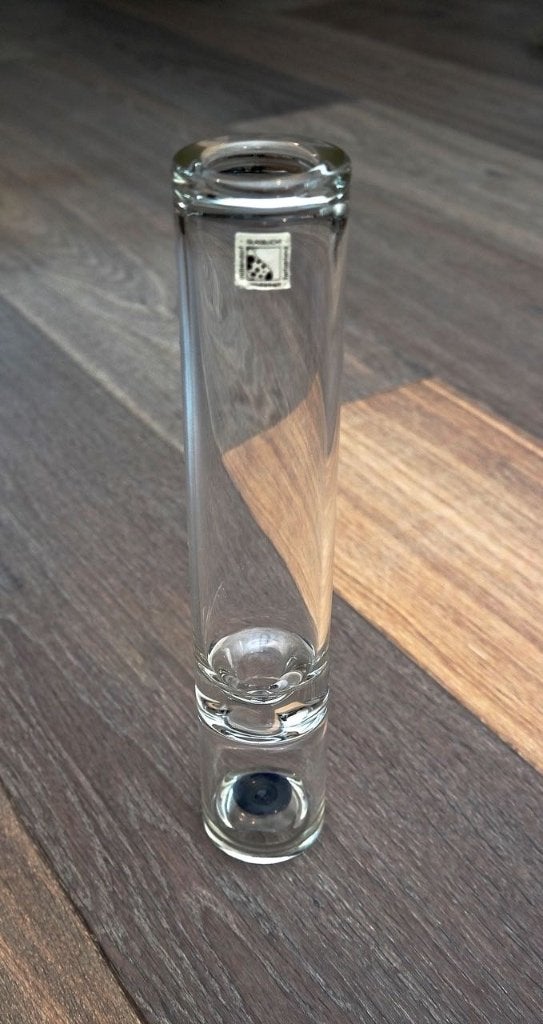 Handgeblazen glazen (rozen)vaasje met glasbel; 30 cm, Handgemaakt, Ophalen of Verzenden, Glas, Transparant