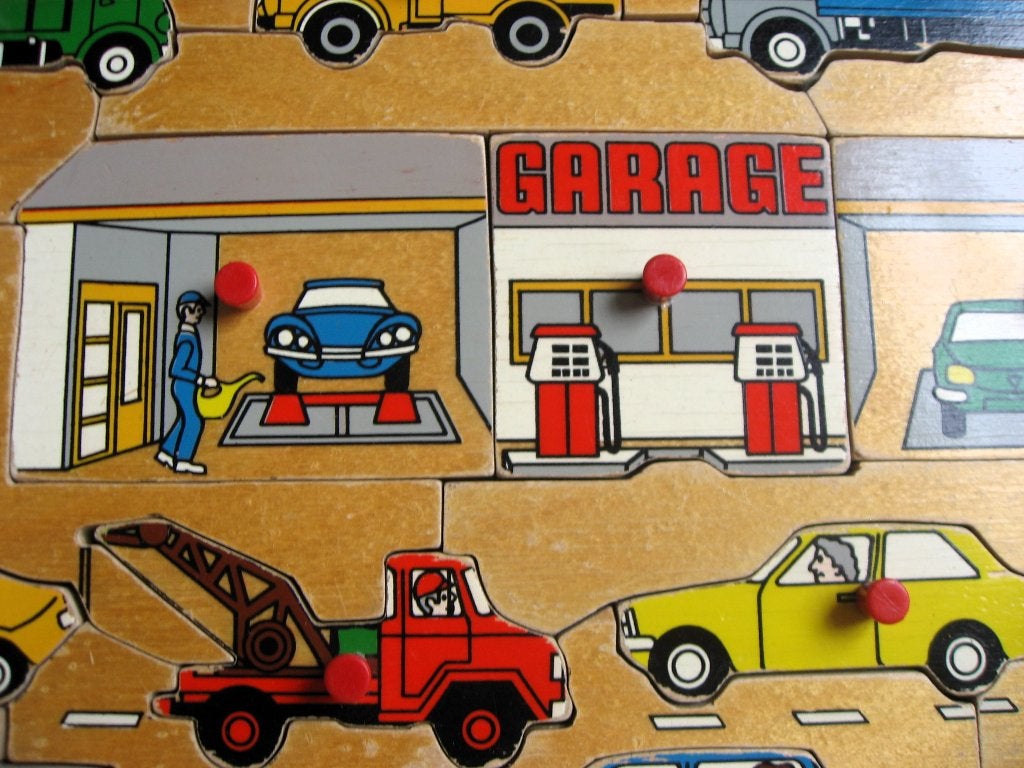 Retro Simplex puzzel, garage en auto's, jaren 70, Ophalen of Verzenden
