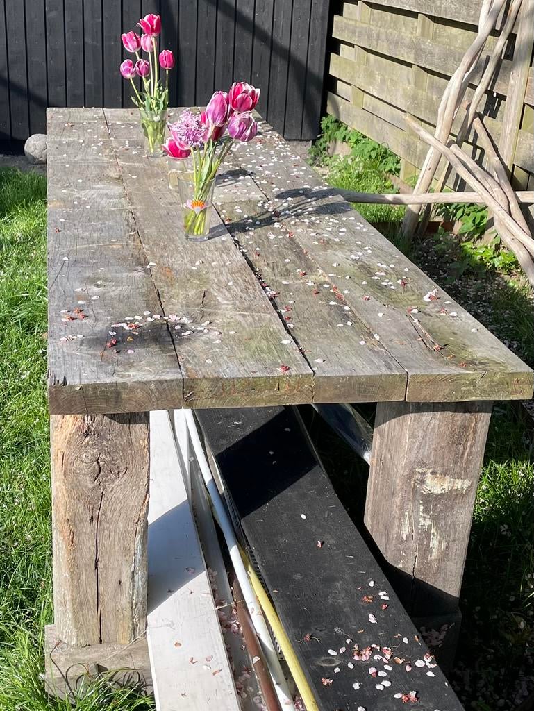 Robuuste, eiken houten, tuintafel,tuin, Tuin en Terras, Picknicktafels, Ophalen, Zo goed als nieuw, Rechthoekig, Hout
