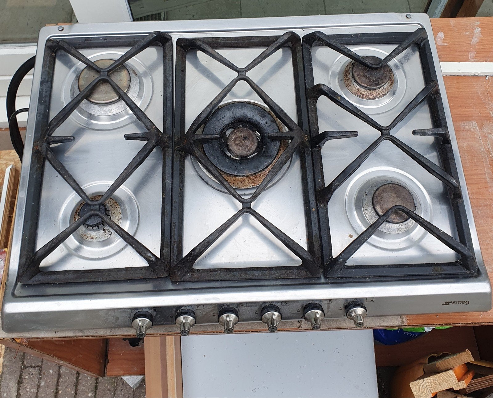 Smeg 5-pits gaskookplaat, Rvs - Werkt perfect!, Gebruikt, Ophalen of Verzenden, Inbouw, Gas