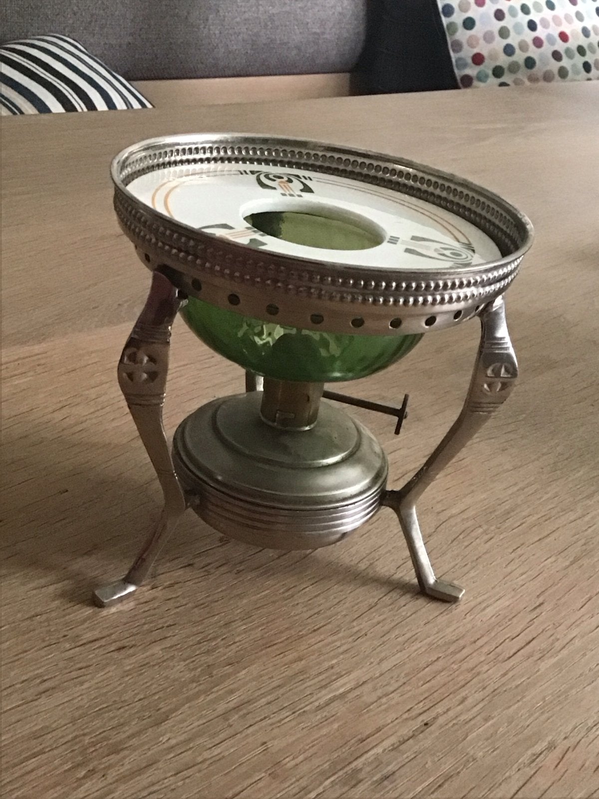 Antieke Rechaud / Theelicht met Groen Glas en Art Deco Decor, Ophalen of Verzenden