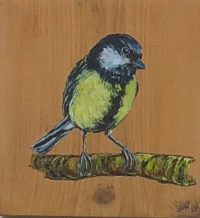 Schilderij koolmees op gebruikt hout, Acrylverf, Hout, Handgeschilderd, Ophalen of Verzenden